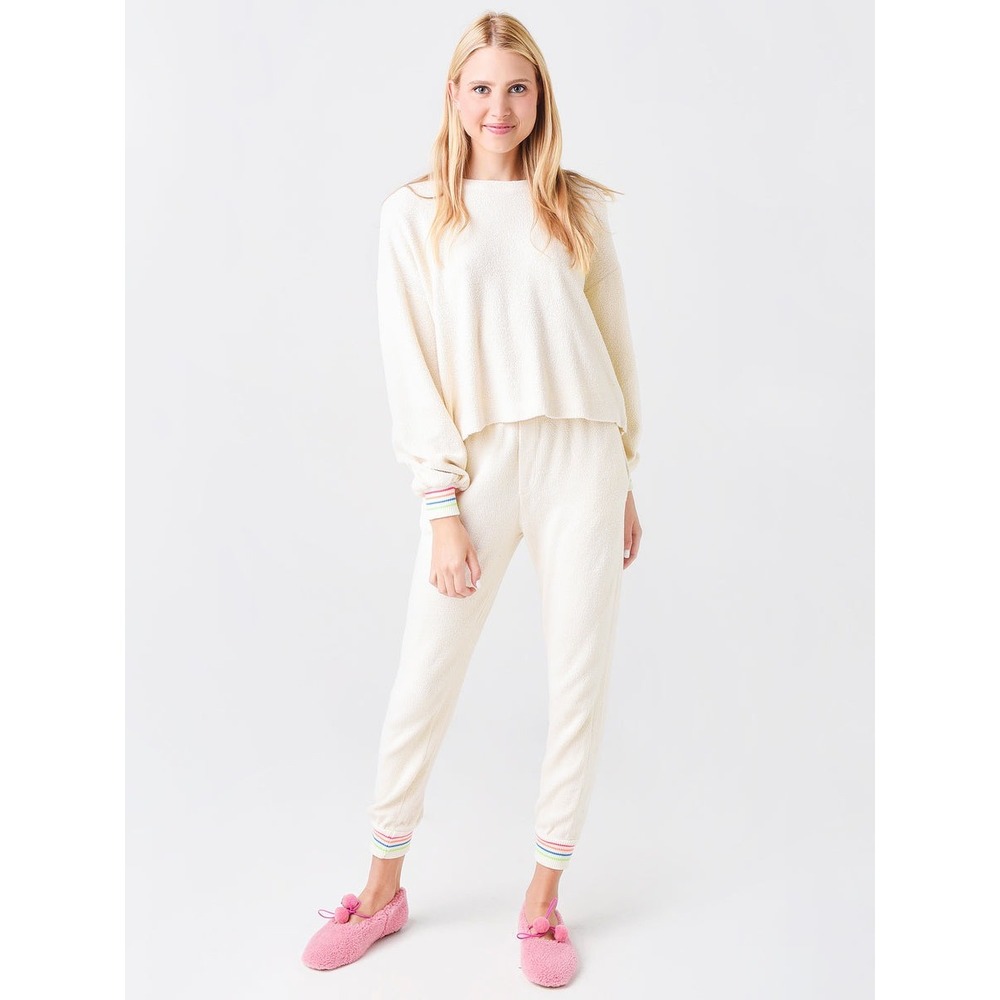Sundry Womens Stripe Cuff Faux Sherpa Sweat Set Cream Rainbow Size 3 L XL